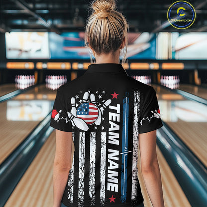 American Flag Bowling Custom Women Bowling Shirt Polo & Quarter-Zip Bowling Team Jerseys HNT54
