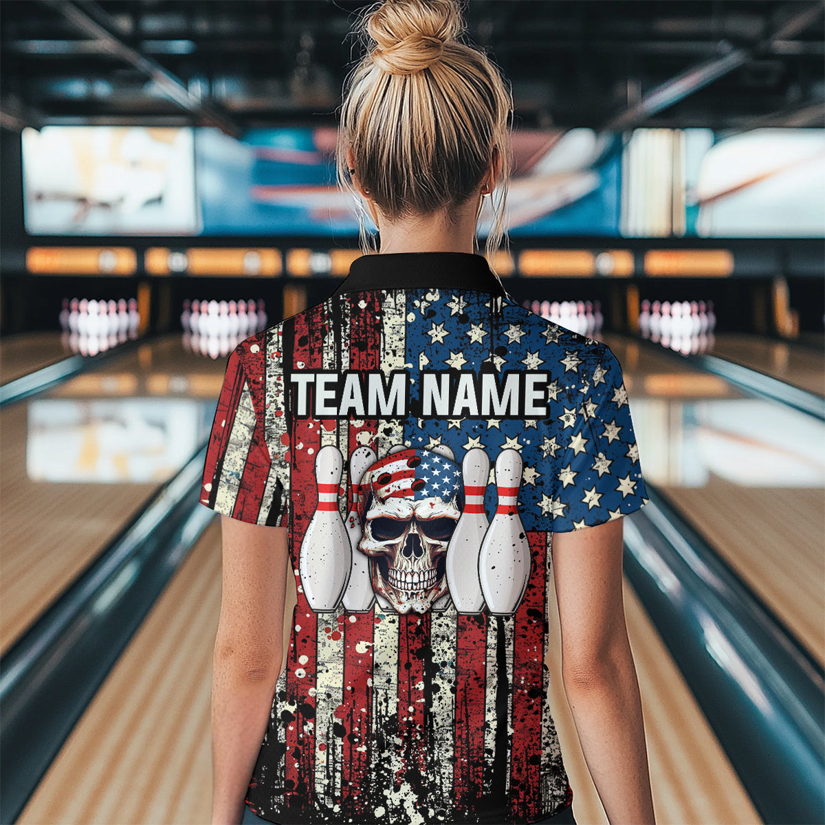 Skull US Flag Bowling Custom Women Bowling Shirt Polo & Quarter-Zip Bowling Team Jerseys HNT58