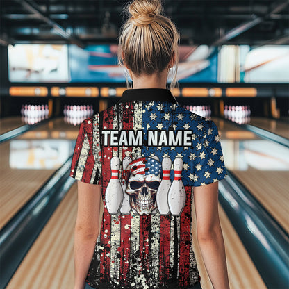 Skull US Flag Bowling Custom Women Bowling Shirt Polo & Quarter-Zip Bowling Team Jerseys HNT58
