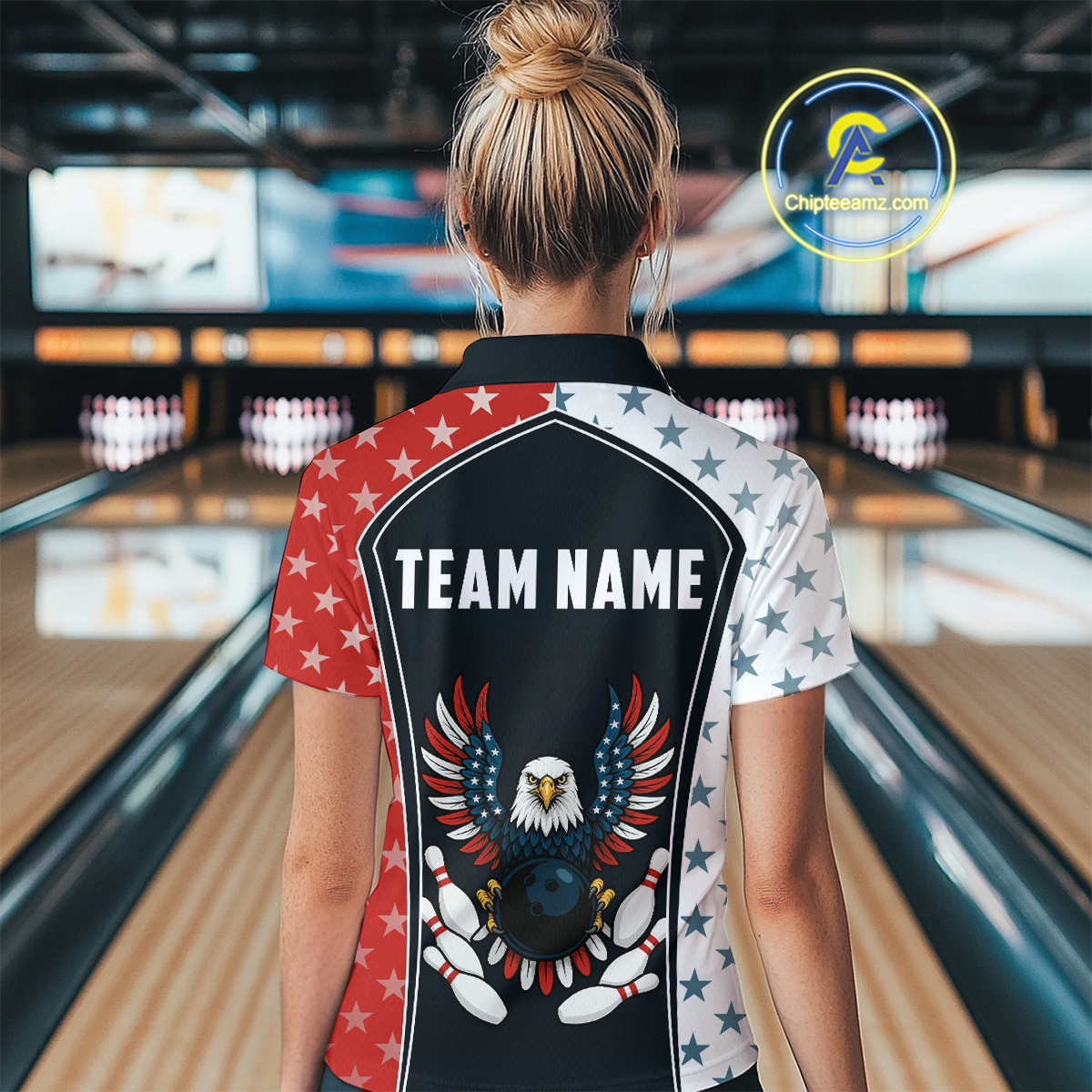 Eagel US Flag Bowling Custom Women Bowling Shirt Polo & Quarter-Zip Bowling Team Jerseys HNT57