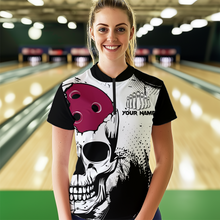 Load image into Gallery viewer, Personalized Bowling Shirt Skull Bowling Team Jersey Quarter-Zip Shirt for Women QZT275