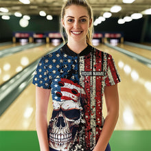 Load image into Gallery viewer, Skull US Flag Bowling Custom Women Bowling Shirt Polo &amp; Quarter-Zip Bowling Team Jerseys HNT58