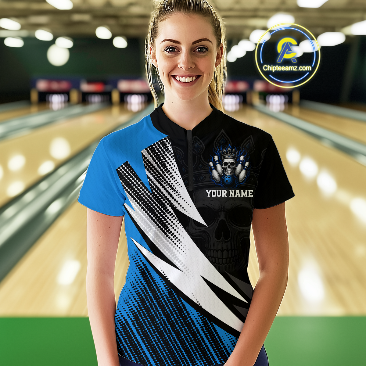 Blue Skull Crown Bowling Custom Women Bowling Shirt Polo & Quarter-Zip Bowling Team Jerseys HNT65