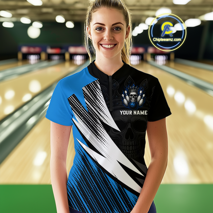 Blue Skull Crown Bowling Custom Women Bowling Shirt Polo & Quarter-Zip Bowling Team Jerseys HNT65