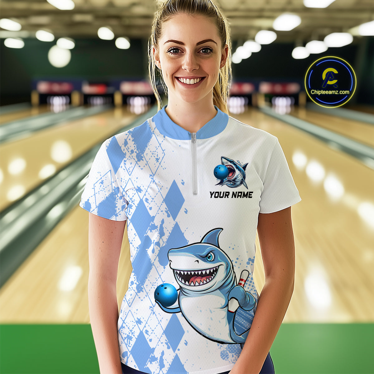 Blue Shark Bowling Custom Women Bowling Shirt Polo & Quarter-Zip Bowling Team Jerseys HNT62