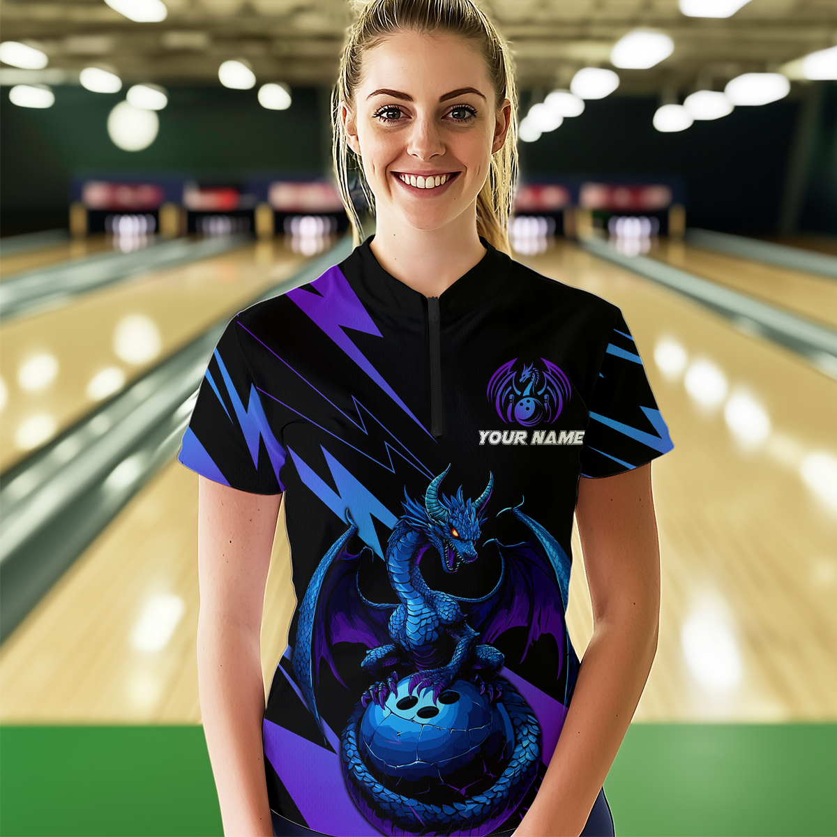 Teal And Purple Dragon Bowling Shirt Custom Name Bowling Jersey Team Bowling Quarter-Zip Shirts QZT674