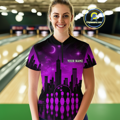 Purple Bowling Custom Women Bowling Shirt Polo & Quarter-Zip Bowling Team Jerseys HNT66