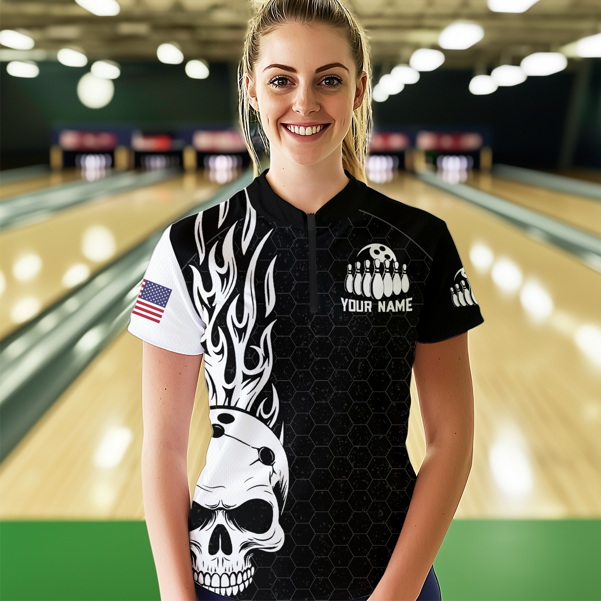 Custom Bowling 1/4-Zip Shirt for Men Women Skull Bowling Jersey Bowling Team League QZT47-4
