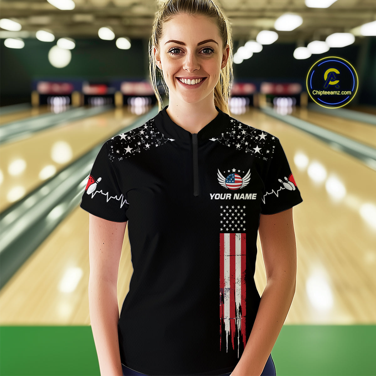 American Flag Bowling Custom Women Bowling Shirt Polo & Quarter-Zip Bowling Team Jerseys HNT54