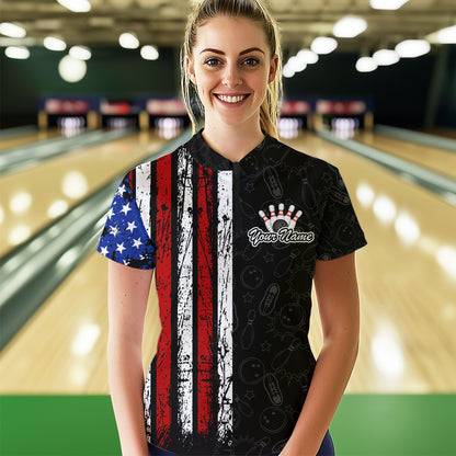 American Flag Bowling Custom Women Bowling Shirt Polo & Quarter-Zip Bowling Team Jerseys HNT52