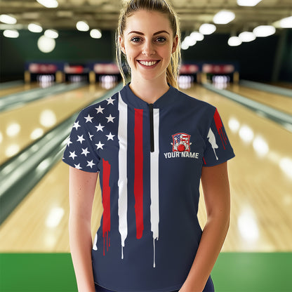 American Flag Bowling Shirt Patriotic Bowling Jersey for Men Women Bowling Polo&1/4 Zip MBL25