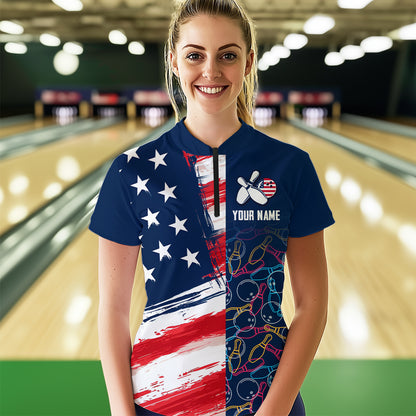 American Flag Bowling Shirts Patriotic Bowling Shirt for Men Women Polo&1/4 Zip Shirt MBL21