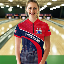 Load image into Gallery viewer, Personalized US Flag Bowling Jersey for Women Bowling Gifts Bowling Team Jersey with Name Polo &amp; 1/4 Zip HNT28