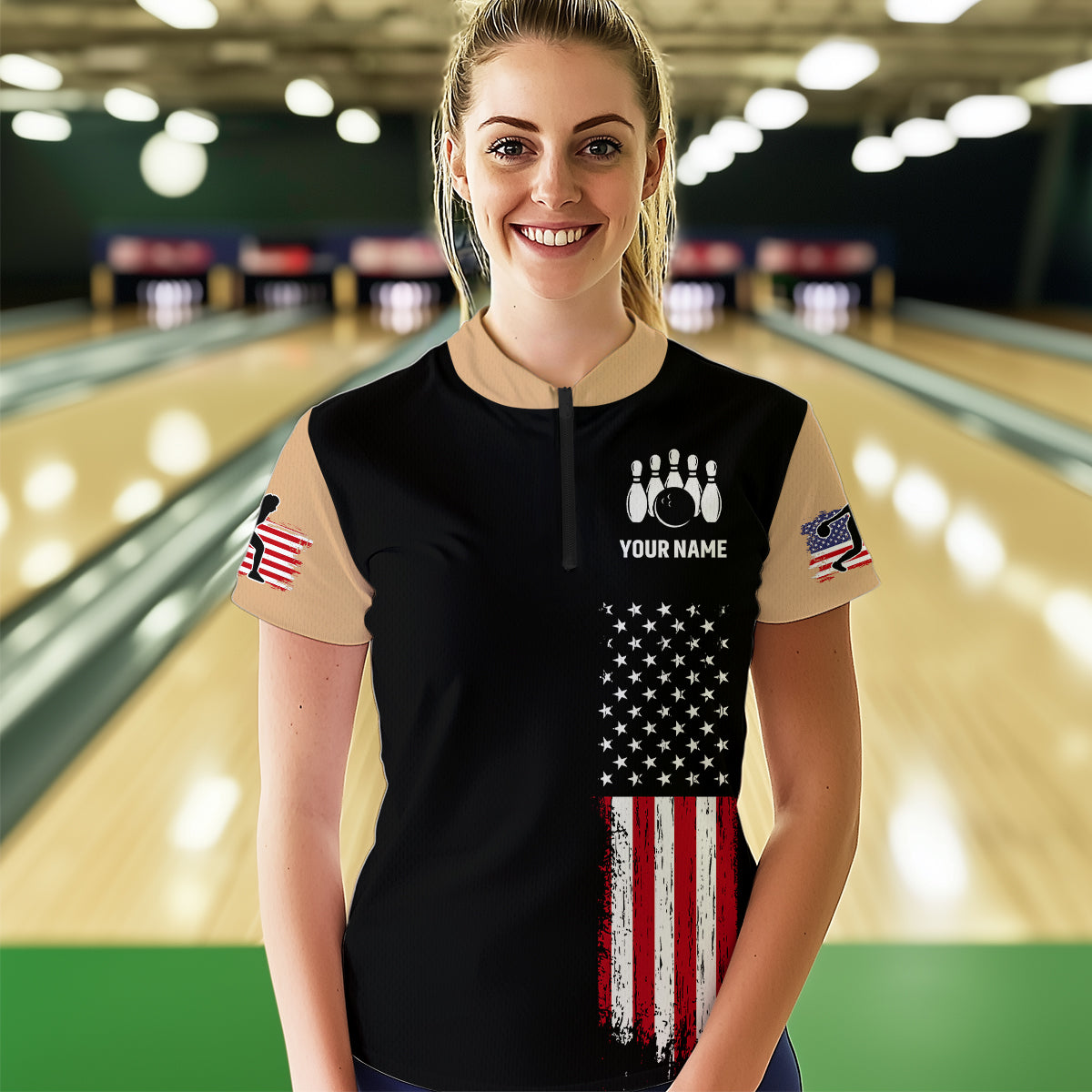 American Flag Brown Bowling Shirts for Men Women Team Bowling Jersey Polo & 1/4 Zip MBL17