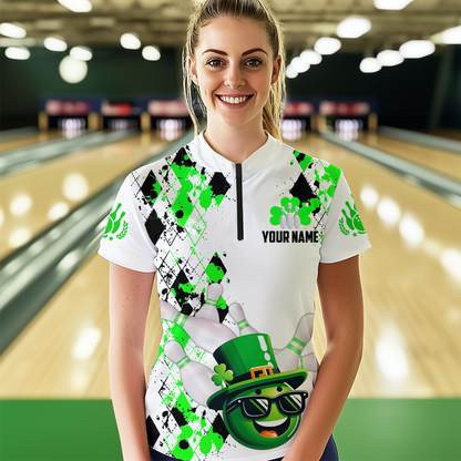 Custom Green Funny Bowling Shirt St Patrick Day Bowling 1/4-Zip Team Jersey Unisex QZT620