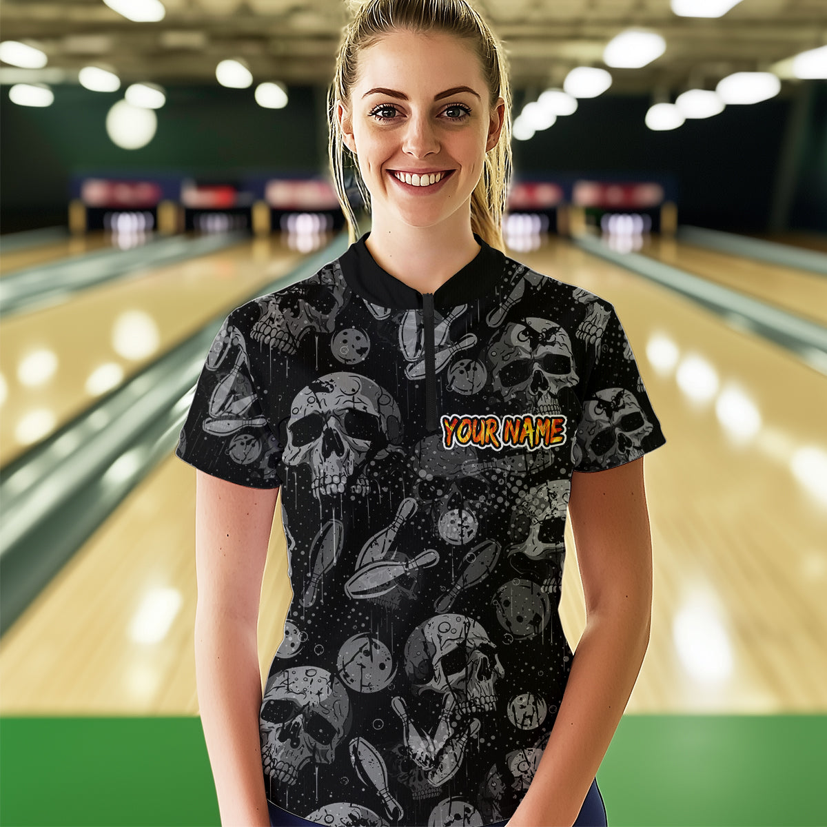 Women Skull Custom Bowling Team Shirts Unisex Bowling Women Short Sleeve Polo & Quarter-Zip HNT42