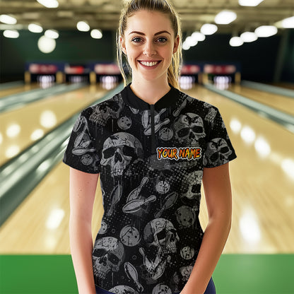 Women Skull Custom Bowling Team Shirts Unisex Bowling Women Short Sleeve Polo & Quarter-Zip HNT42