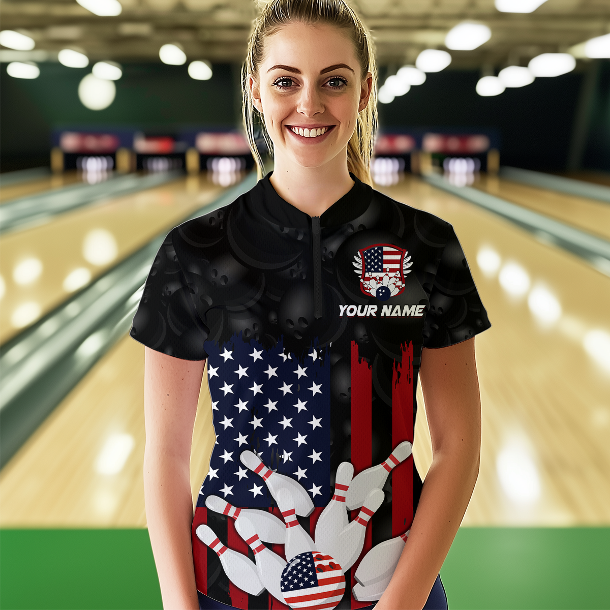 Custom American Flag Bowling Shirts for Men Women Patriotic Bowling Polo & 1/4 Zip MBL03