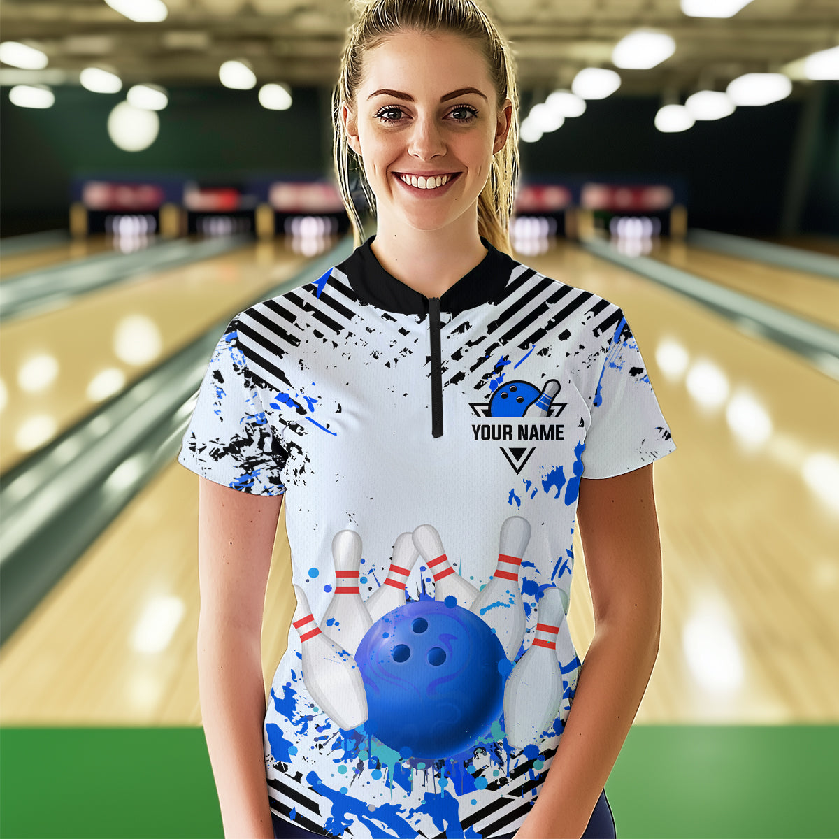 Blue Bowling Shirts Custom Watercolor Bowling Jersey for Men Women with Team Name MBL53