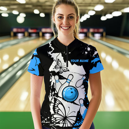 Custom Blue Butterflies Bowling Shirt for Men Women Team Bowling Polo&Quater Zip MBL76