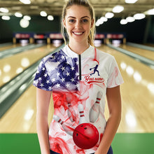 Load image into Gallery viewer, American Flag Smoke Bowling Shirt for Women Custom Polo &amp; Quarter-Zip Team Bowling Jersey with Team HNT21