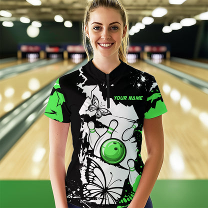 Custom Green Butterflies Bowling Shirt for Men Women Team Bowling Polo&Quater Zip MBL76