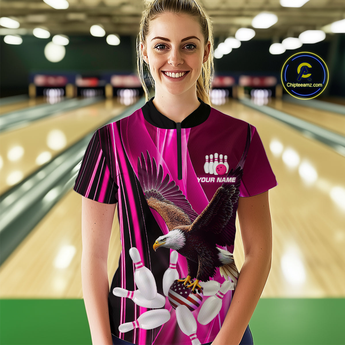 Custom Pink Eagle Bowling Shirt for Men Women Team Bowling Polo Shirts & 1/4 Zip MBL95