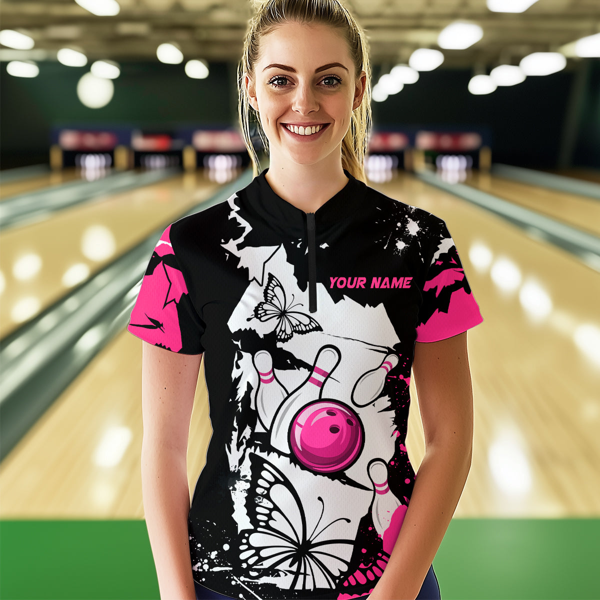 Custom Pink Butterflies Bowling Shirt for Men Women Team Bowling Polo&Quater Zip MBL76