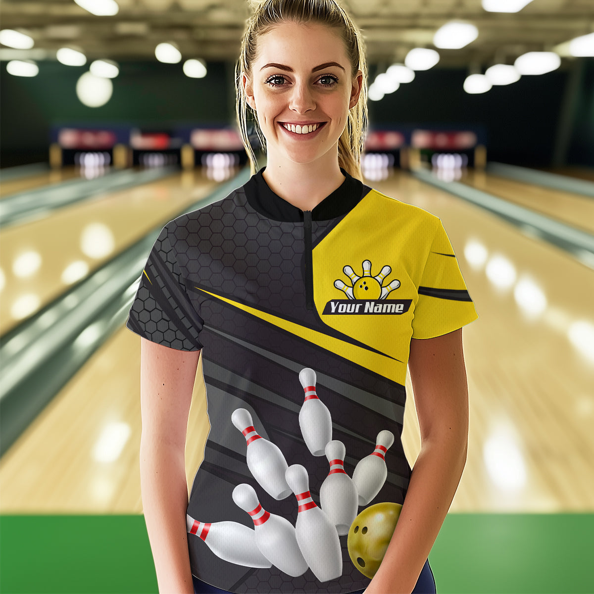Yellow Bowling Shirt for Men&Women Team Bowling Jersey Colorful Bowling Polo & 1/4 Zip MBL49