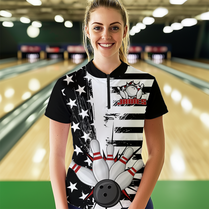 American Flag Bowling Shirt for Men Women Team Bowling Jersey Bowling Polo&1/4 Zip MBL18