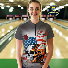 Load image into Gallery viewer, Custom American Flag Skull Flame Bowling Women Polo &amp; 1/4 Zip Shirts Bowling Team Jerseys HNT91