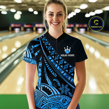 Blue Vintage Bowling Custom Women Bowling Shirt Polo & Quarter-Zip Bowling Team Jerseys HNT69