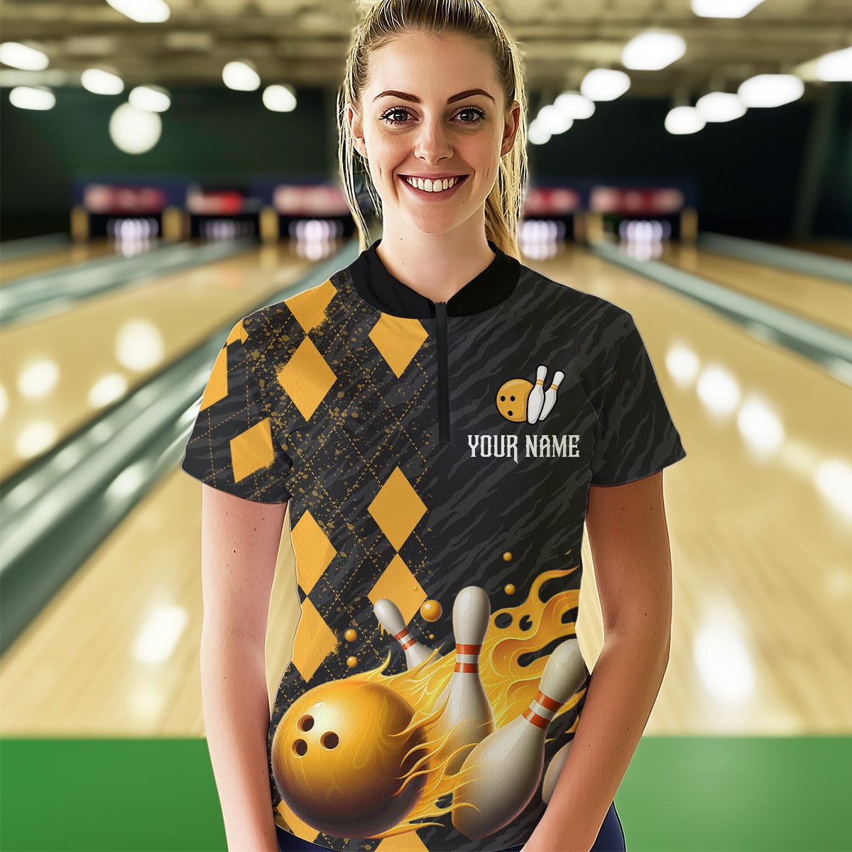 Flame Yellow Bowling Team Shirt Custom Bowling Jersey for Men Women Flame Quarter-Zip Shirt QZT679