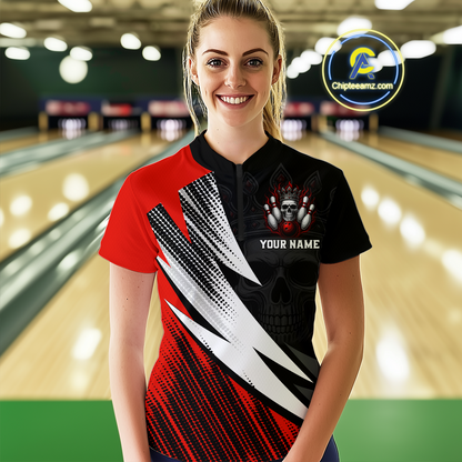 Red Skull Crown Bowling Custom Women Bowling Shirt Polo & Quarter-Zip Bowling Team Jerseys HNT65