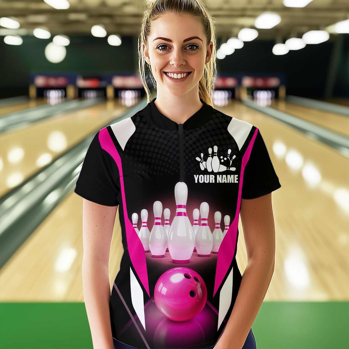 Pink Bowling Shirt for Men and Women Bowling Jersey with Team Bowling Polo & 1/4 Zip MBL42