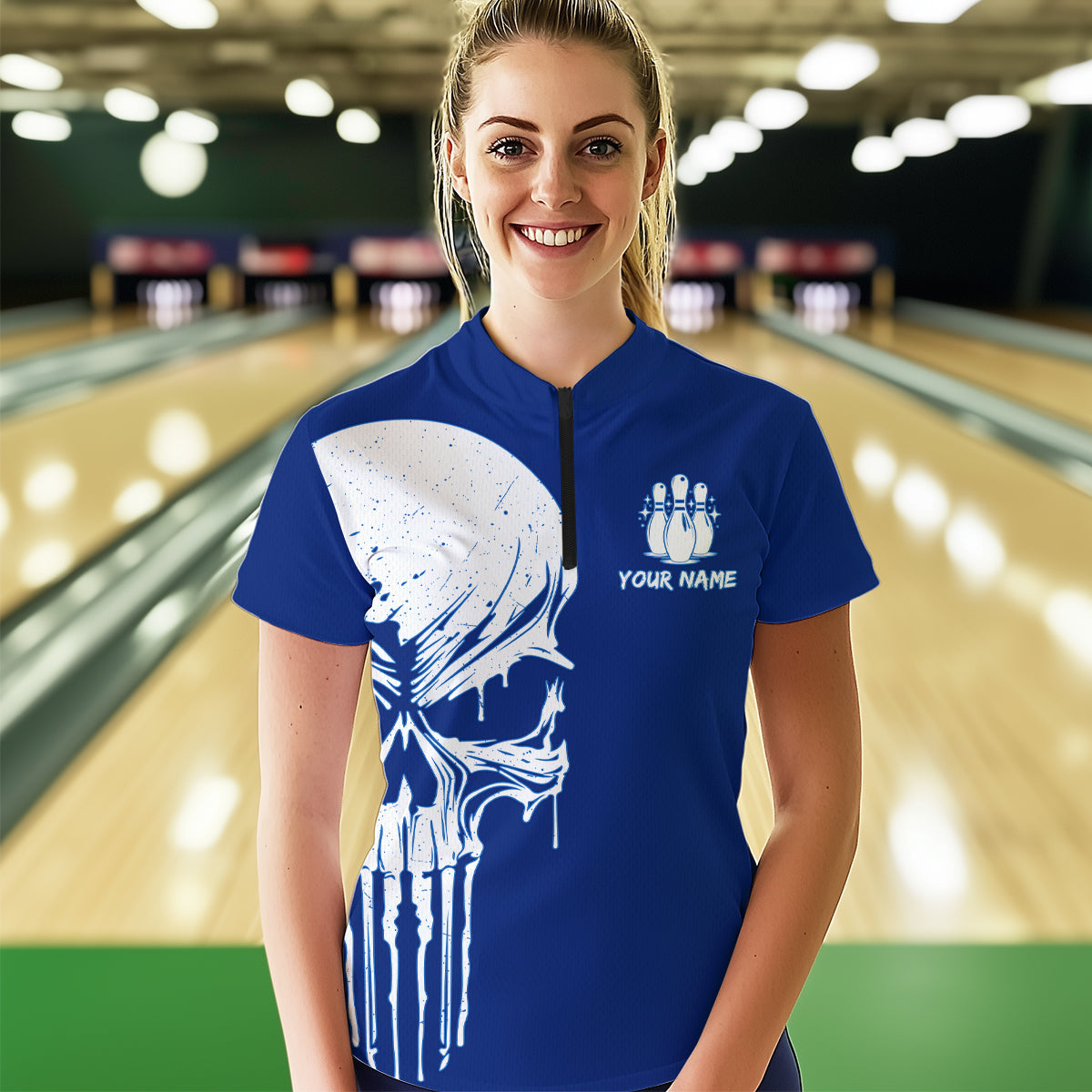 Custom Skull Bowling Shirt Blue Bowling Jersey for Men Women Team Polo&1/4 Zip MBL58
