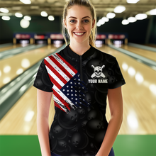 Load image into Gallery viewer, Skull US Flag Bowling Shirt for Women Personalized Patriotic Bowling Team Jersey Shirts Polo &amp; Quarter-Zip HNT31