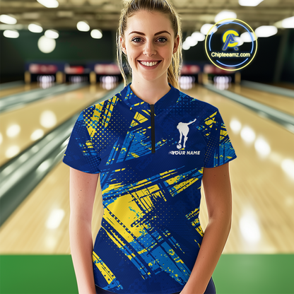 Custom Blue Yellow Bowling Jersey for Women Bowling Uniform Polo & 1/4 Zip Bowling Team Shirts HNT122