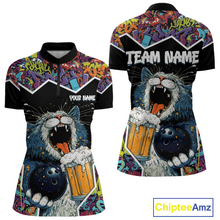 Load image into Gallery viewer, Custom Funny Cat Beer Bowling Jersey for Women Polo &amp; 1/4 Zip Bowling Team Shirts HNT146