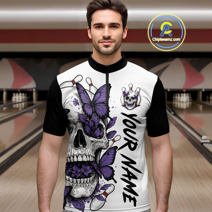 Purple Butterfly Skull Bowling Men Bowling Shirt Polo & Quarter-Zip Bowling Team Jerseys HNT80