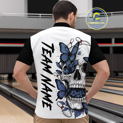 Blue Butterfly Skull Bowling Men Bowling Shirt Polo & Quarter-Zip Bowling Team Jerseys HNT80