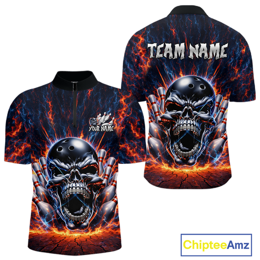 Custom Skull Bowling Jersey for Men - Flaming Strike Personalize Bowling Team Shirt Polo & 1/4 Zip HNT215