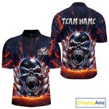 Load image into Gallery viewer, Custom Skull Bowling Jersey for Men - Flaming Strike Personalize Bowling Team Shirt Polo &amp; 1/4 Zip HNT215