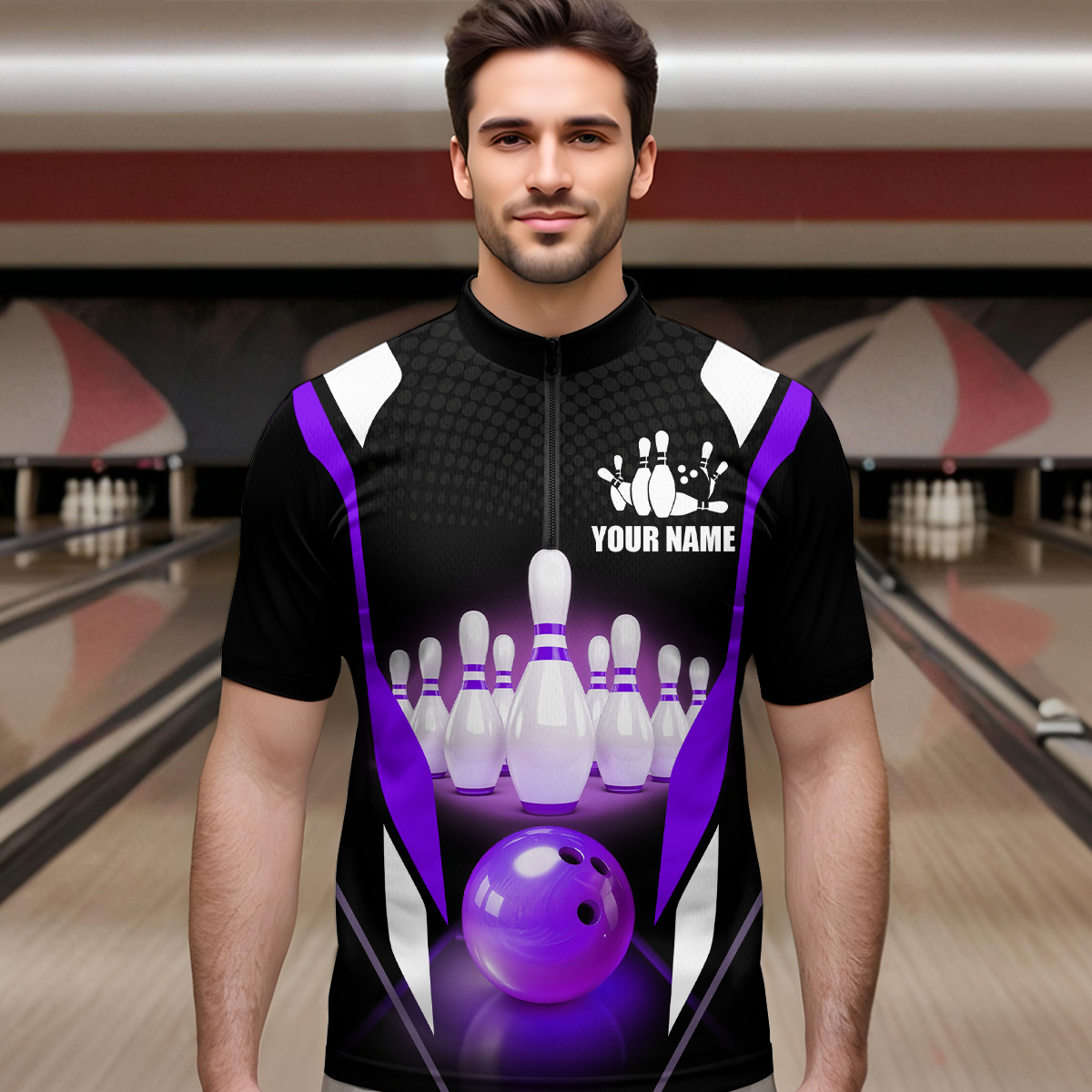 Purple Bowling Shirt for Men and Women Bowling Jersey with Team Bowling Polo & 1/4 Zip MBL42