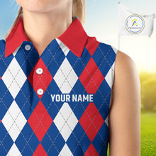 Load image into Gallery viewer, Women sleeveless polo shirt custom red, white and blue argyle plaid pattern golf attire for ladies NQS9847