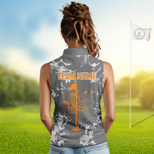 Load image into Gallery viewer, Gray Camo Orange Disc Golf basket Womens Disc golf sleeveless polo shirt Custom team disc golf jerseys NQS9975