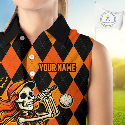 Funny Women sleeveless polo shirt custom orange black argyle plaid Halloween Skull ladies golf attire NQS10355