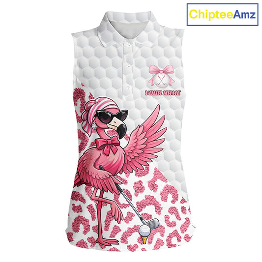 Pink Flamingo Golf Shirt For Women Sleeveless, Funny Leopard Patten Golf Polo Shirt, Ladies Golf Outfit For Team NHT732