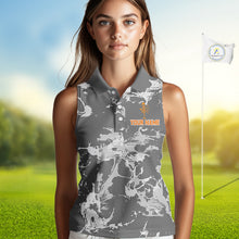 Load image into Gallery viewer, Gray Camo Orange Disc Golf basket Womens Disc golf sleeveless polo shirt Custom team disc golf jerseys NQS9975