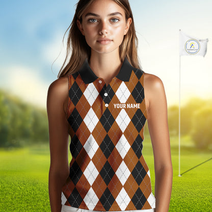 Women sleeveless polo shirt custom brown argyle plaid pattern golf attire for ladies NQS9848
